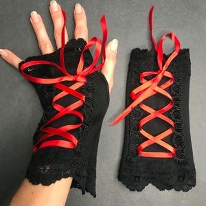 Corset Gloves Black Red Lace Up Arm Cuffs Horror Costume Gothic Cosplay Lace Up